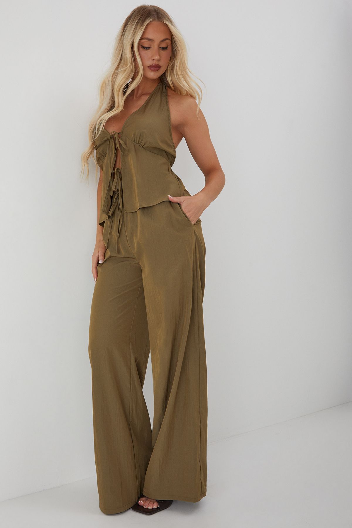 MissPap Halter Neck Crinkle Tie Top & Trouser Co-Ord Khaki image 4