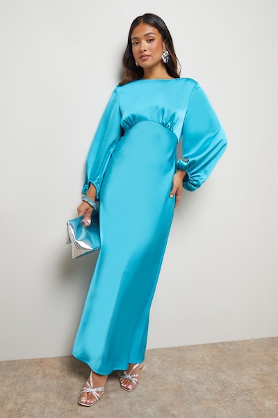 Oasis Petite Satin Boho Sleeve Crew Neck Bias Midi Dress Aqua