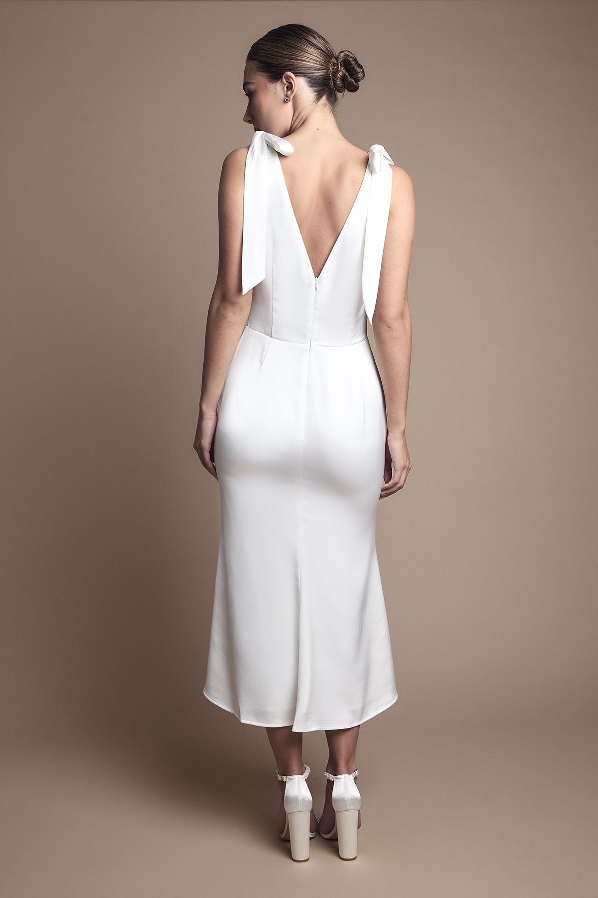 Coast Satin Back Crepe Tie Shoulder Midi Wedding Dress Ivory image 3
