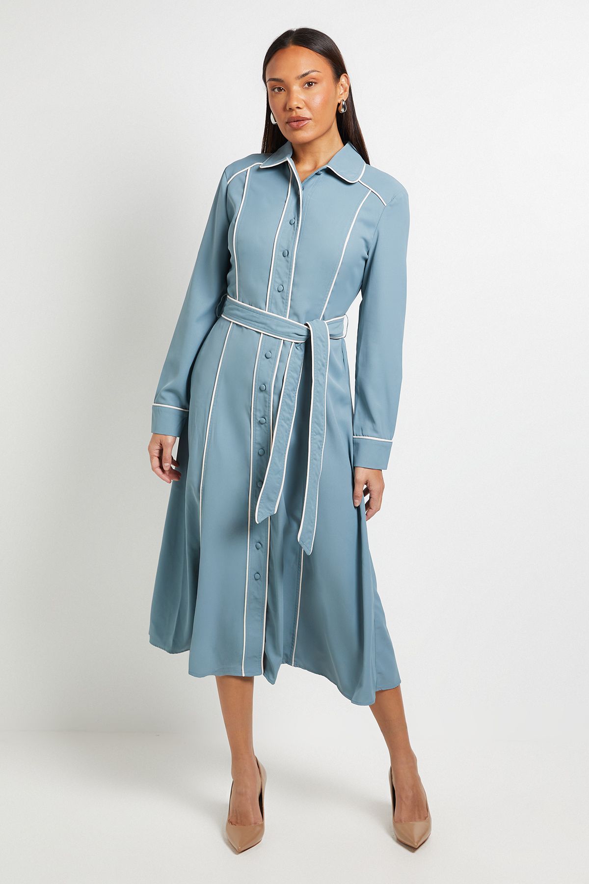 Principles Contrast Piping Detail Collared Midi Shirt Dress Teal
