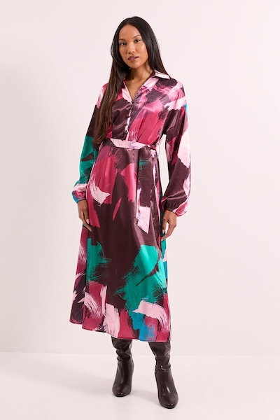 Principles Printed Wrap Tie Waist Satin Shirt Dress Plum