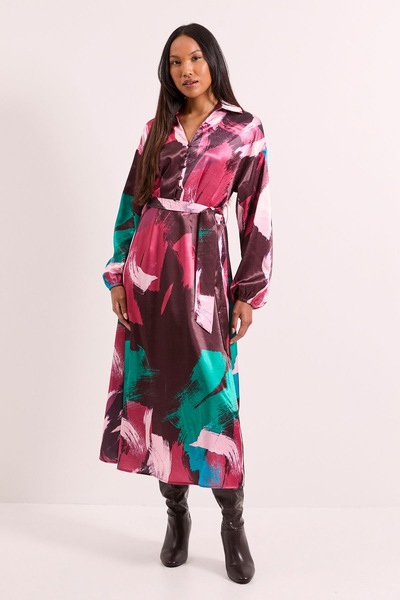 Principles Printed Wrap Tie Waist Satin Shirt Dress Plum