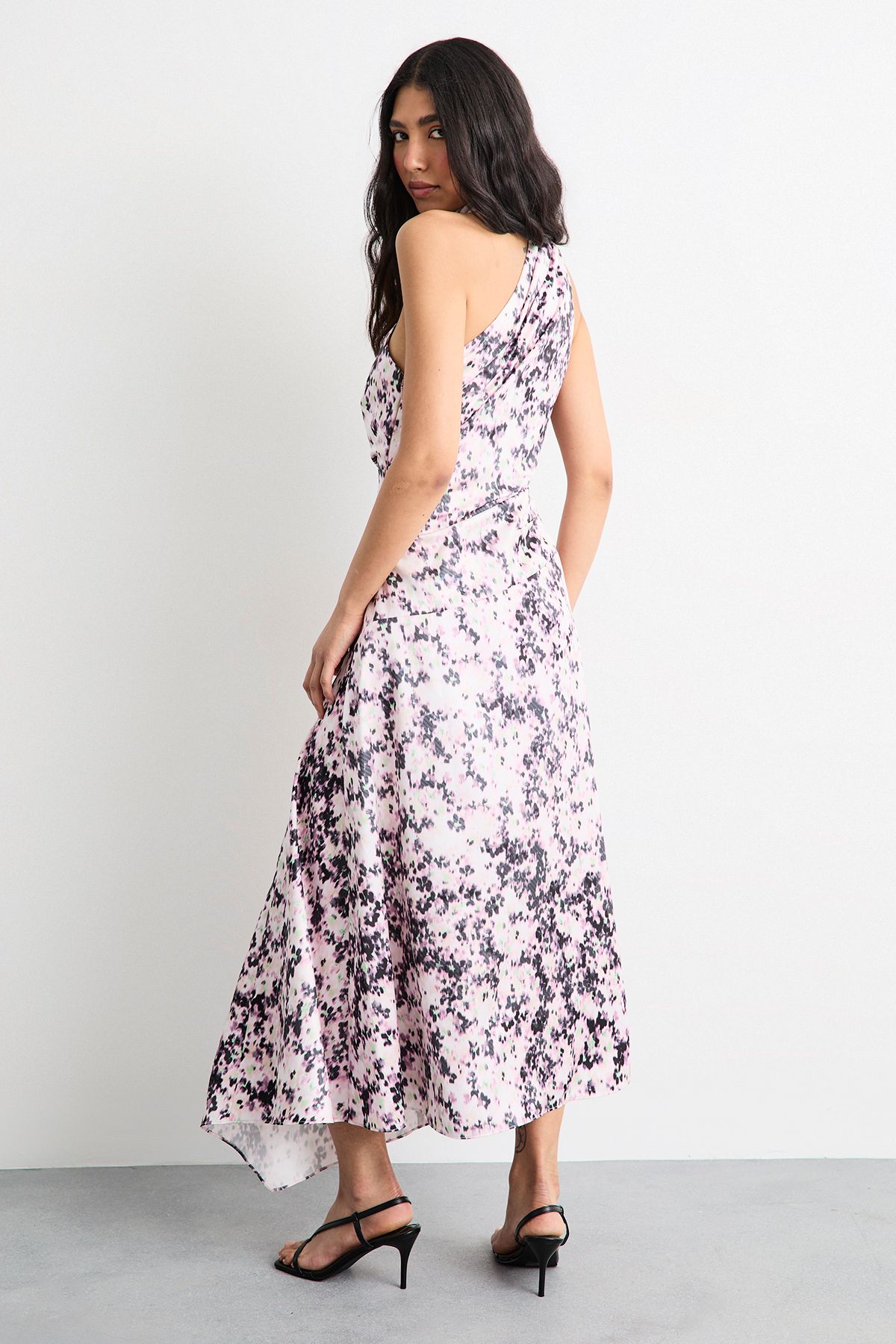 Warehouse Printed Scarf Tie Asymmetric Satin Maxi Dress Multi image 3