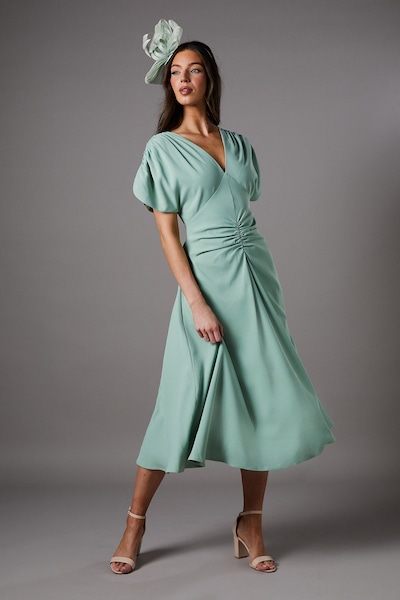 Coast Ruched Sleeve V Neck Midi Dress Sage