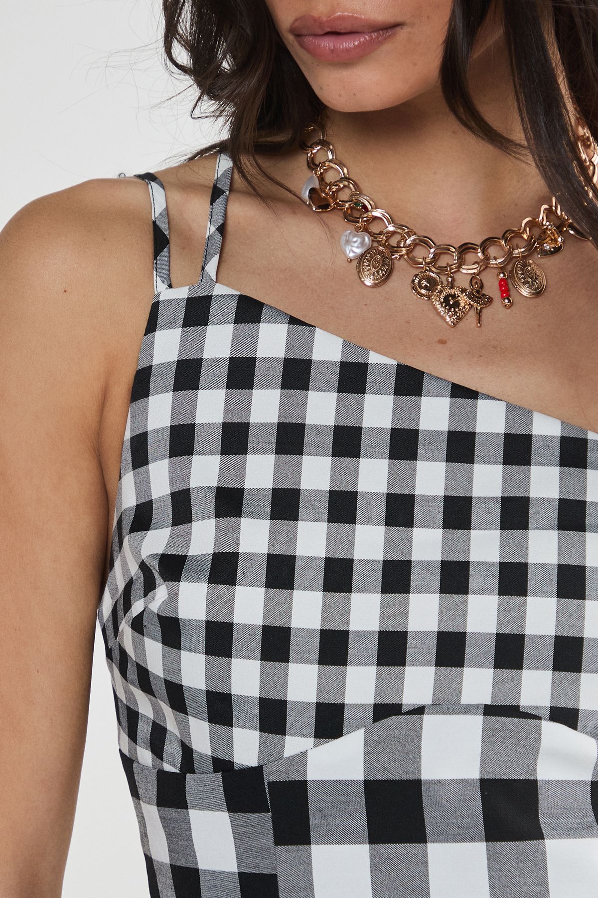 NastyGal Gingham Asymmetric Neck Tailored Dress Mono image 5