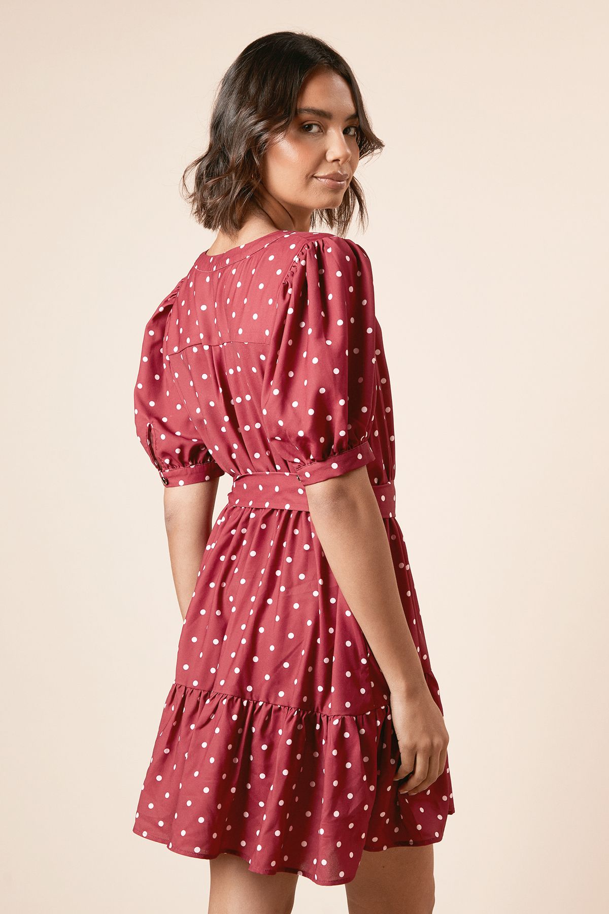 Dorothy Perkins Burgundy Spot Printed Overhead Belted Puff Sleeve Mini Dress Floral image 4
