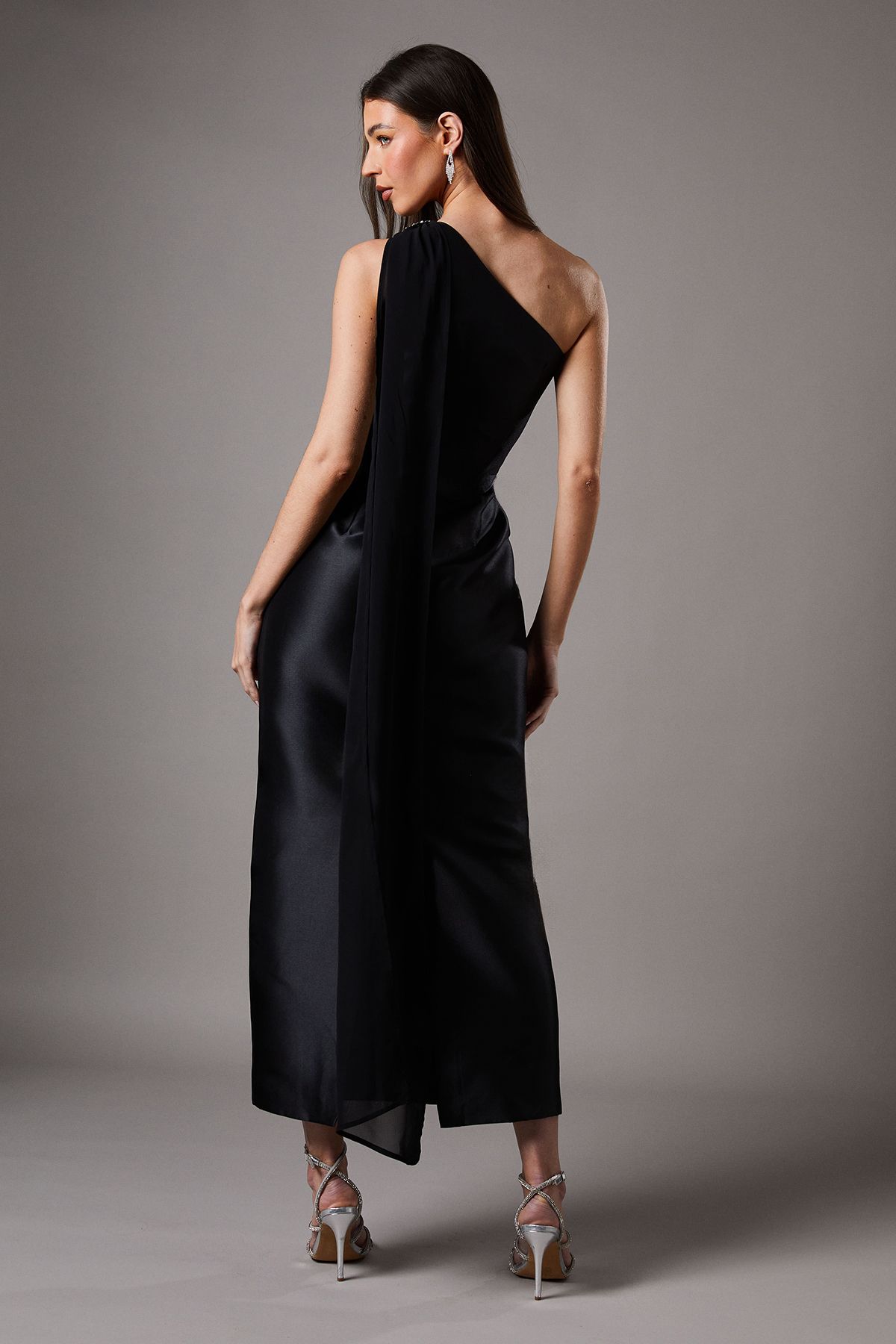 Coast One Shoulder Twill Gown With Diamante Brooch Black image 3