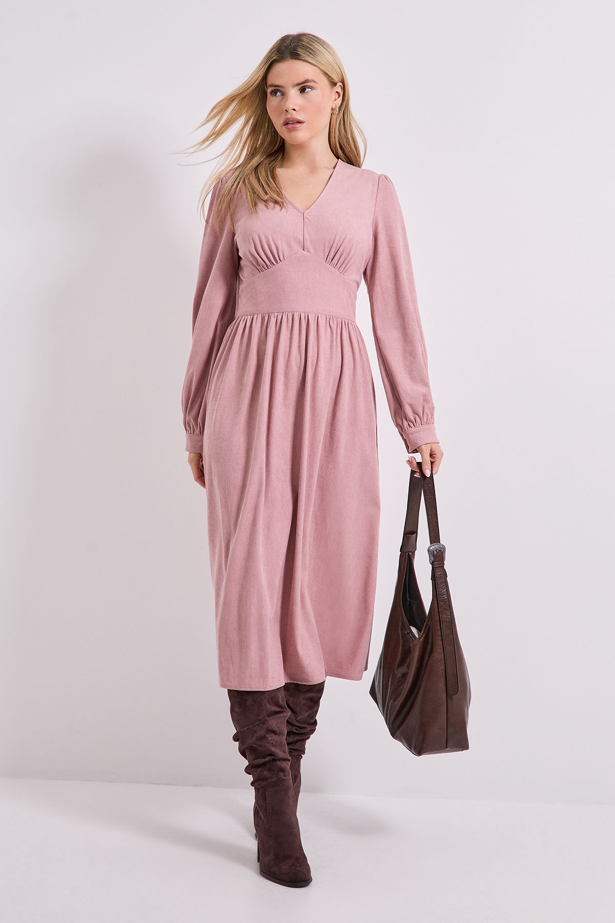 Dorothy Perkins Empire Seam Detail Blouson Sleeve Midi Dress Light Pink image 1