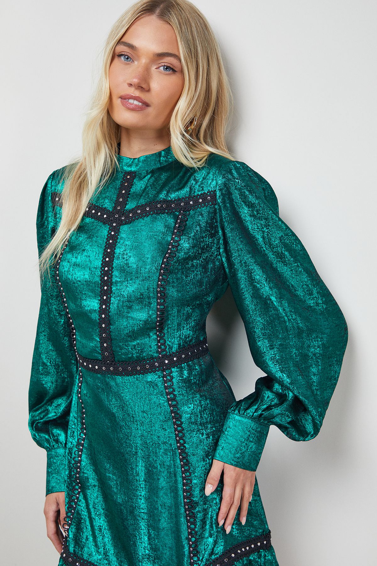 Oasis Stud Trim Long Sleeve High Neck Mini Dress Forest image 4