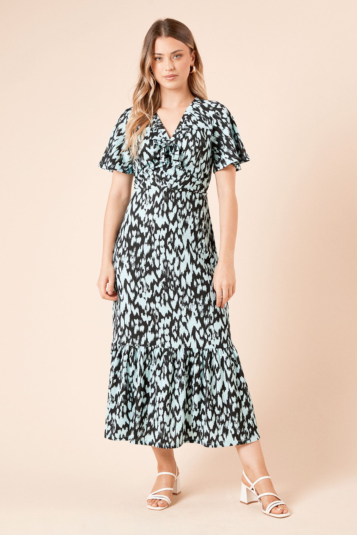 Dorothy Perkins Blue Leopard Angel Sleeve Tie Front Jersey Midi Dress Leopard image 1