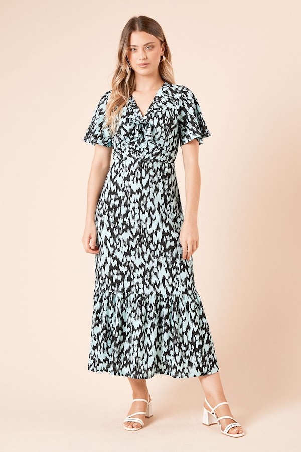 Dorothy Perkins Blue Leopard Angel Sleeve Tie Front Jersey Midi Dress Leopard