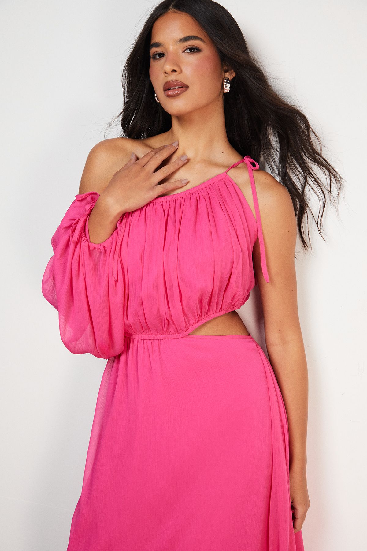Warehouse Chiffon One Shoulder Balloon Sleeve Cut Out Midi Dress Bright Pink image 2