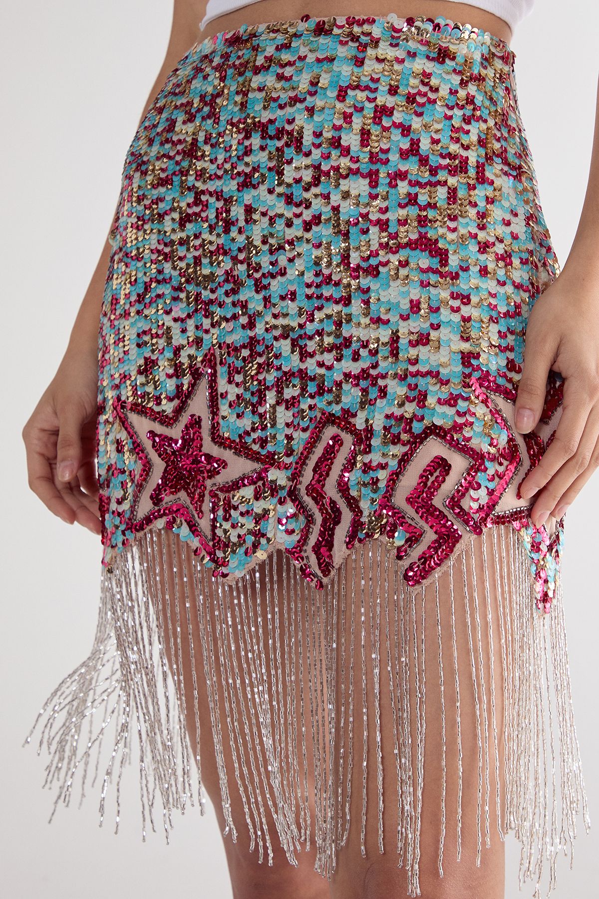 NastyGal Sequin Star Lightening Bolt Tassel Mini Skirt Turquoise image 5