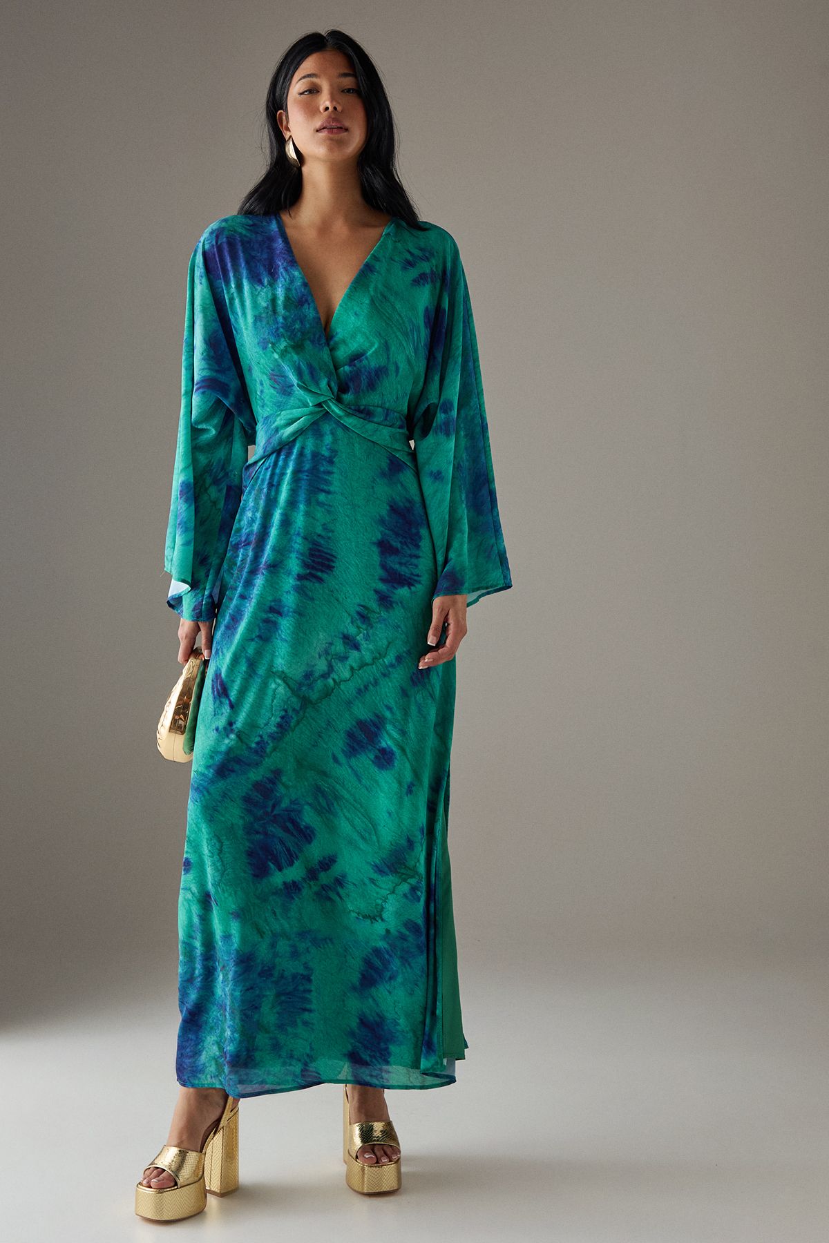 Warehouse Chiffon Wrap Knot Front Maxi Dress Green