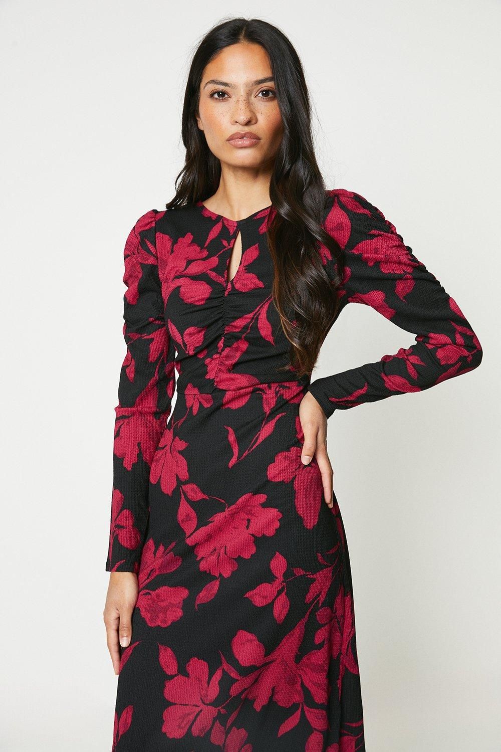 Dorothy Perkins Red Floral Keyhole Midi Dress Black image 2