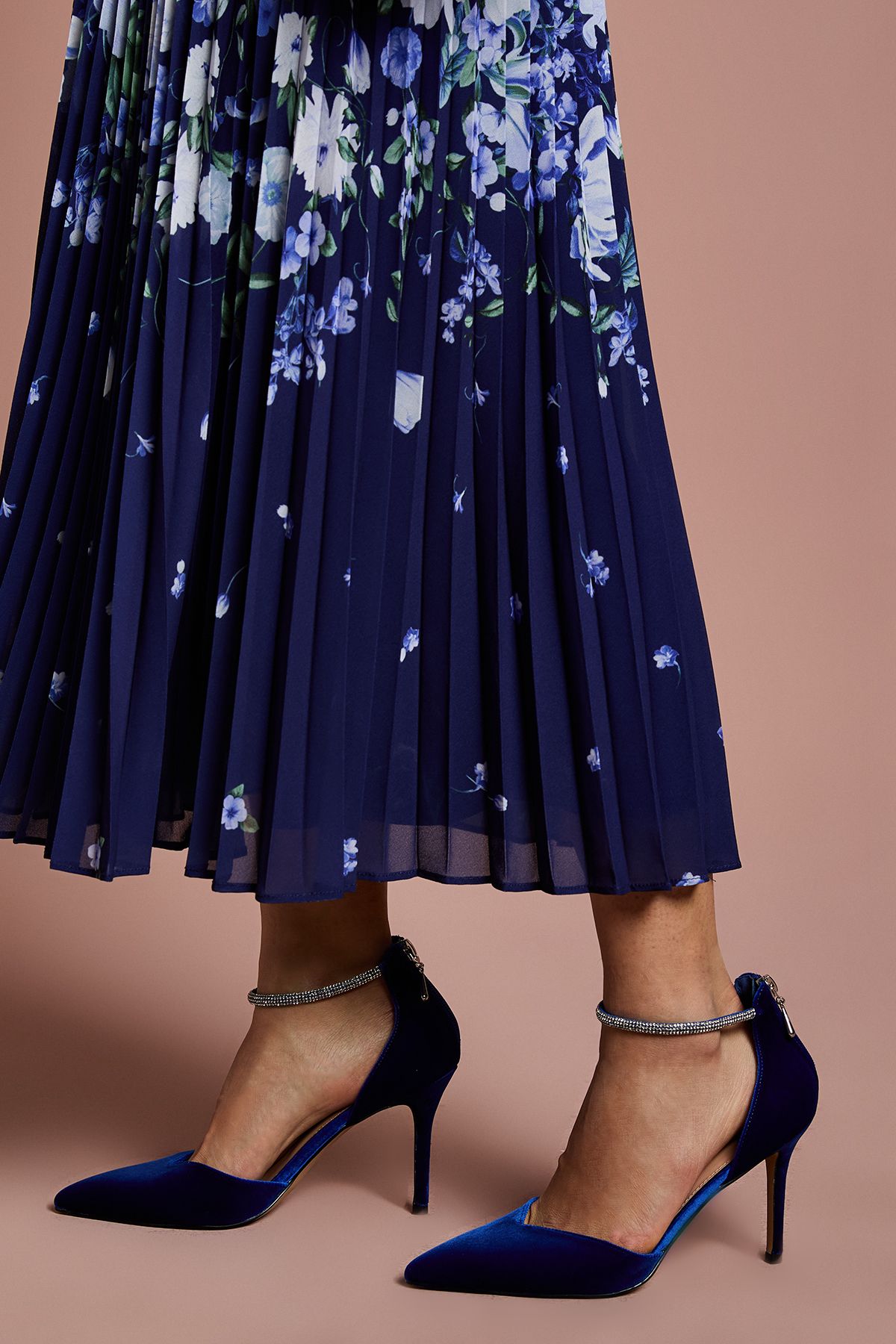 Coast Sicily Velvet Diamante Ankle Strap Pointed Court Shoes Blue image 3