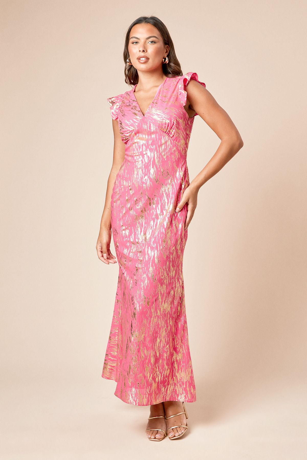 Dorothy Perkins DP Luxe Metallic Frill Shoulder Maxi Dress Dusky image 1