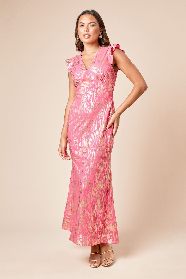 Dorothy Perkins DP Luxe Metallic Frill Shoulder Maxi Dress Dusky