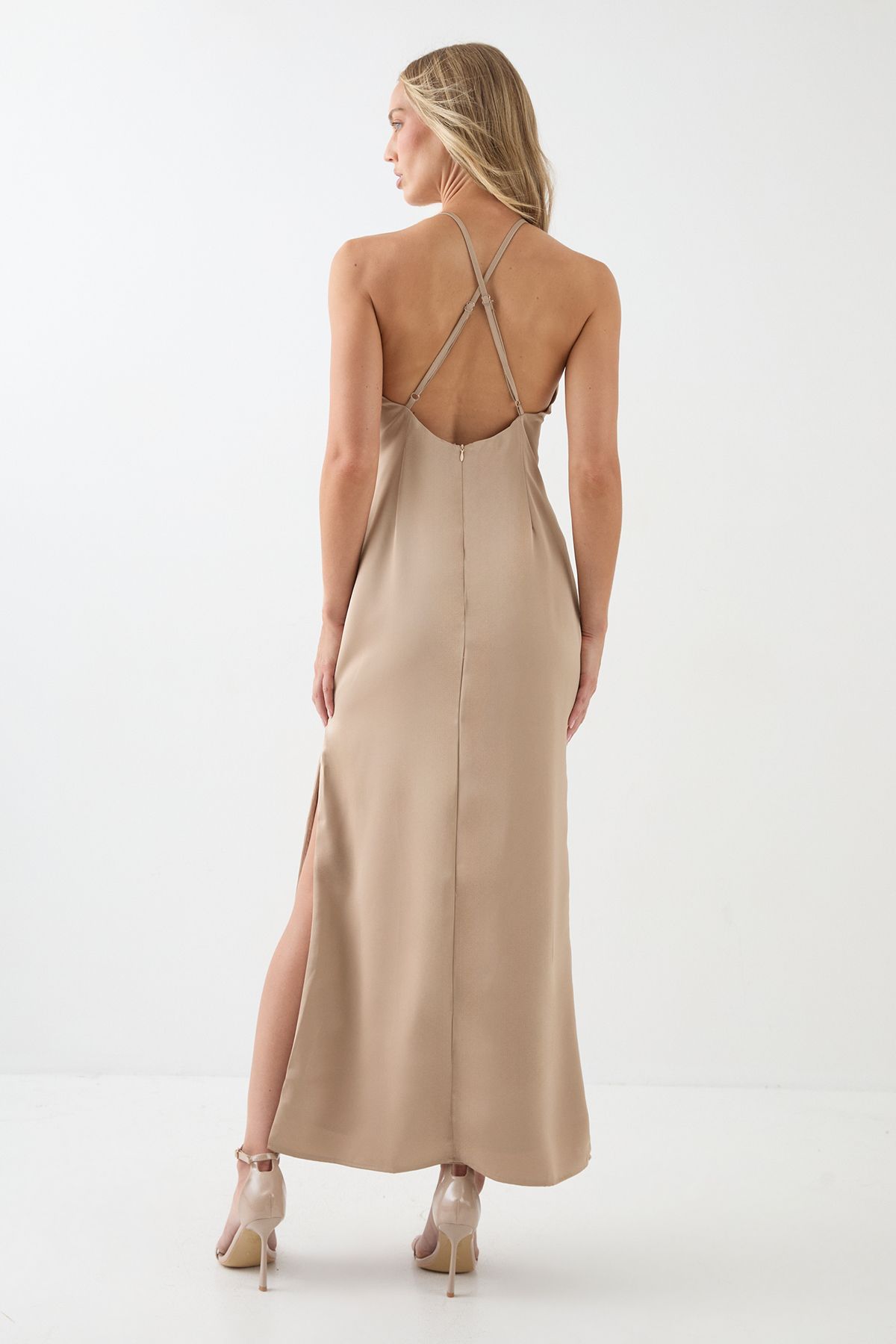 MissPap Tie Detail Strappy Satin Maxi Dress Bronze image 3