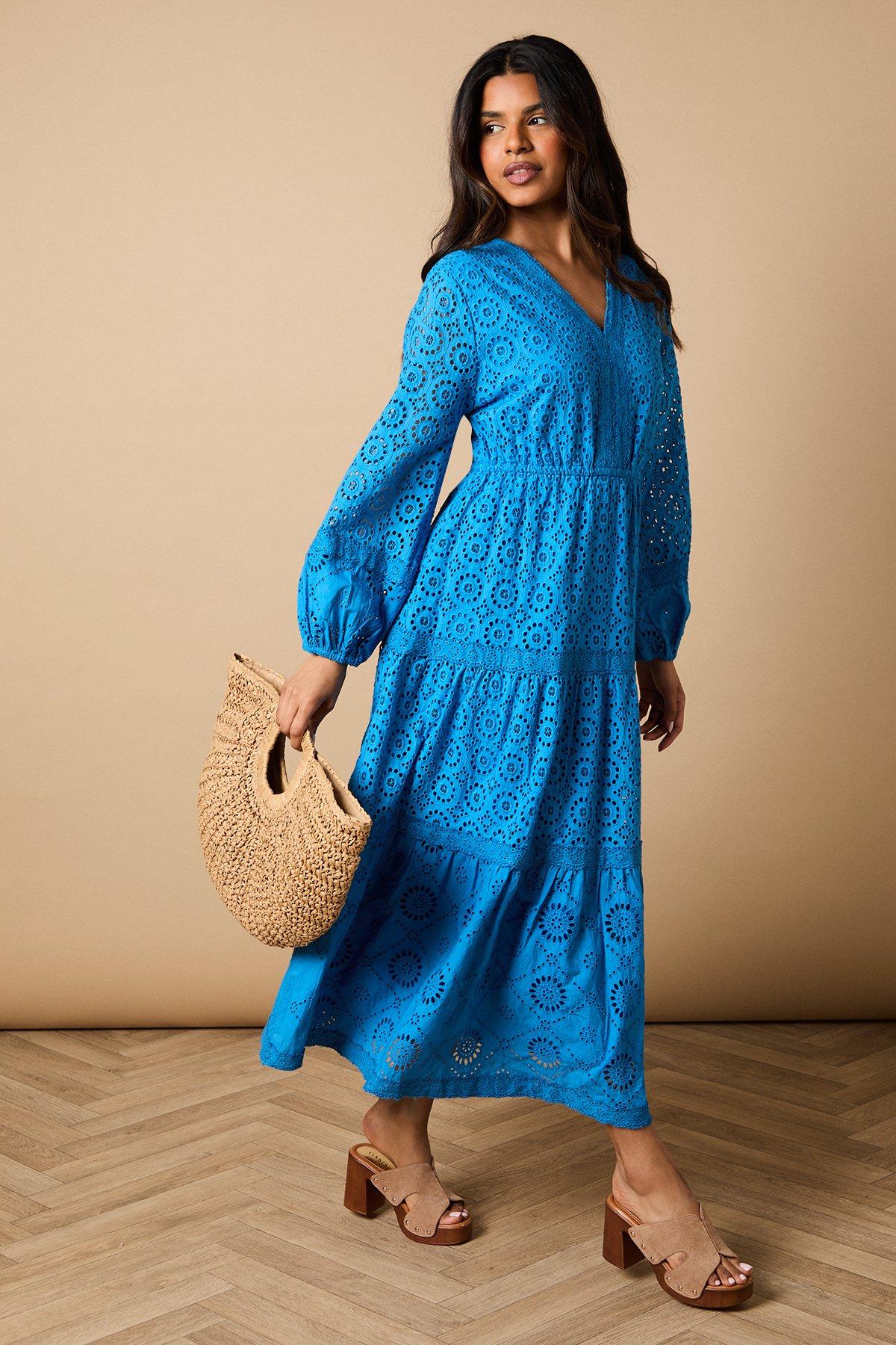 Oasis Petite Broderie Trim Detail Puff Sleeve Midi Dress Cobalt image 2