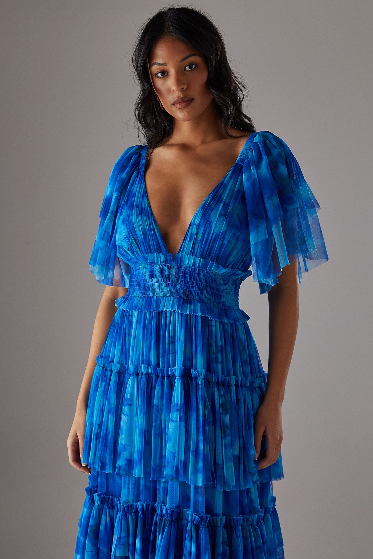 Warehouse Tulle Floral Plunge Neck Flutter Sleeve Tier Maxi Dress Blue image 3