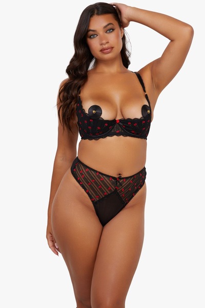 Playful Promises Elodie Black And Red Rosebud Embroidery Quarter Cup Bra