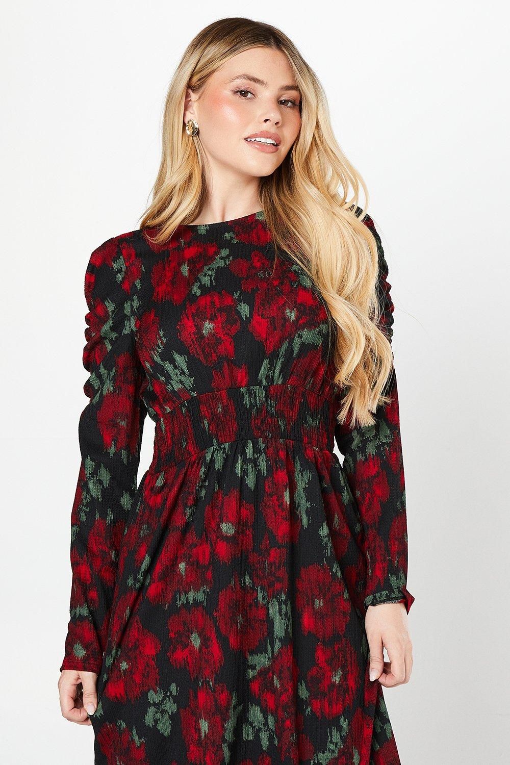 Dorothy Perkins Berry Floral Shirred Waist Long Sleeve Midi Dress Floral image 4