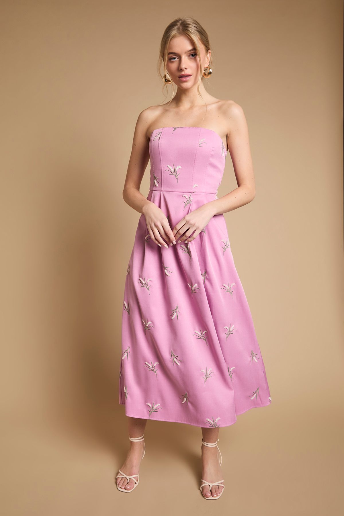 Oasis Embroidered Strapless Sweetheart Midi Dress Bubblegum