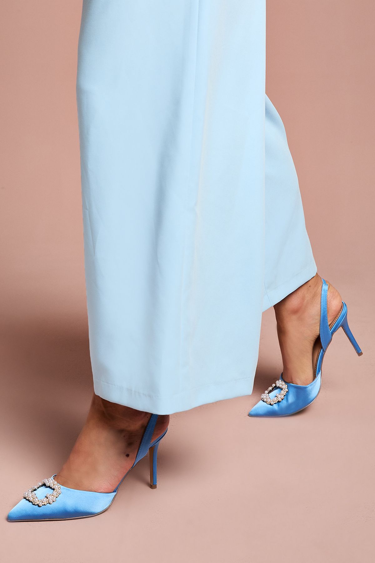 Coast Selene Satin Pearl Trim Slingback High Heel Court Shoes Blue image 1