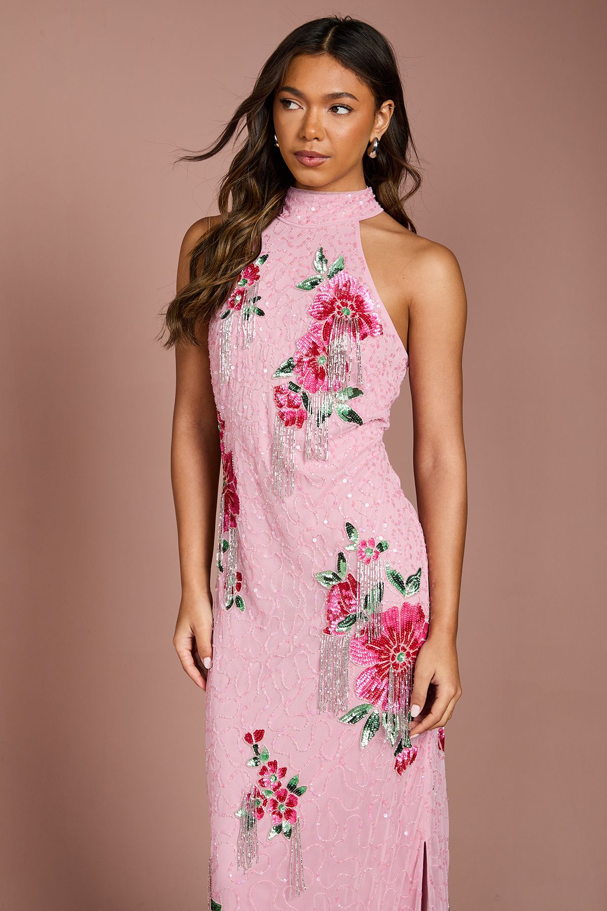 Coast High Neck Floral Sequin Maxi Dress Pink image 2