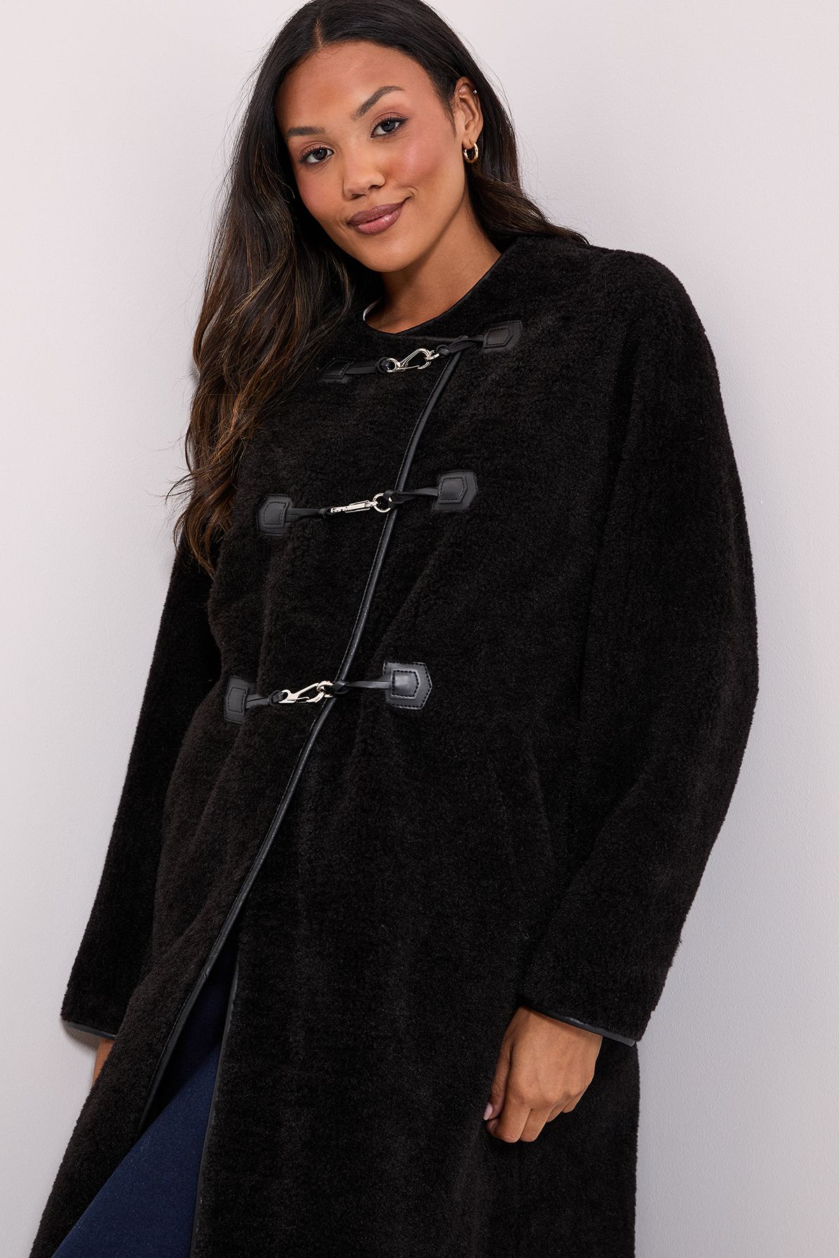 Dorothy Perkins Toggle PU Detail Borg Coat Black image 4