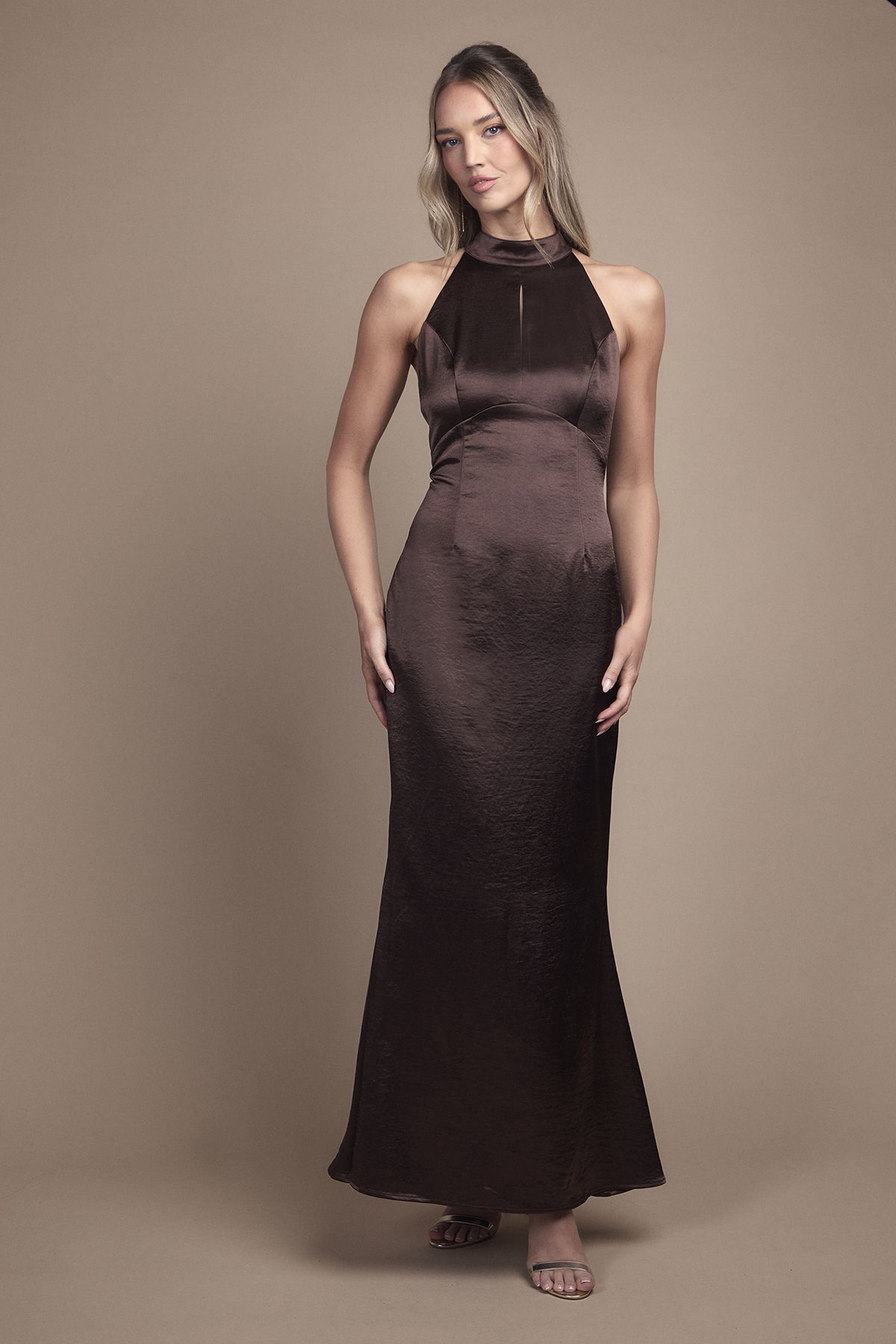 Coast Satin Halter Neck Key Hole Detail Maxi Bridesmaid Dress Chocolate image 1