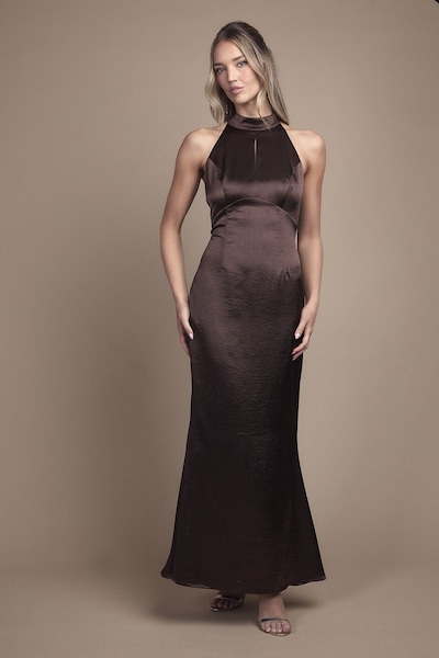 Coast Satin Halter Neck Key Hole Detail Maxi Bridesmaid Dress Chocolate