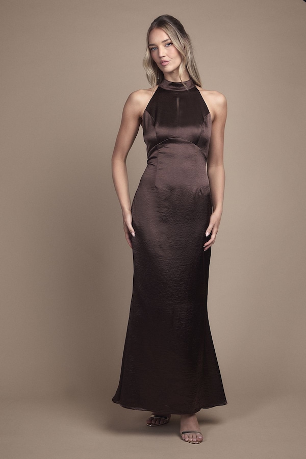 Coast Satin Halter Neck Key Hole Detail Maxi Bridesmaid Dress Chocolate