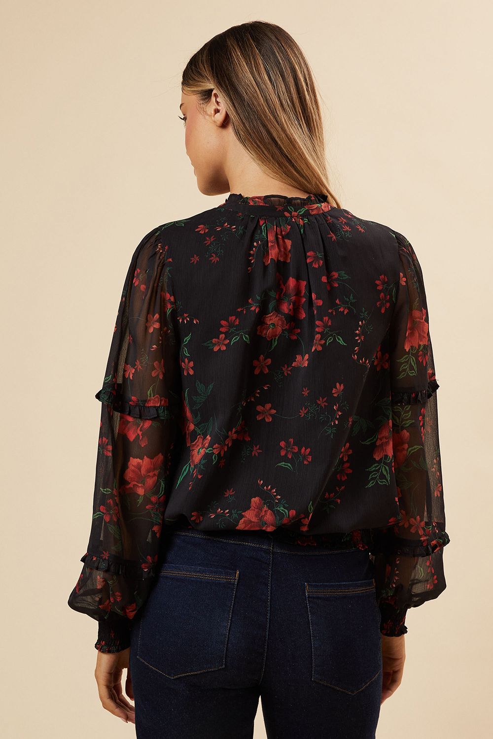 Dorothy Perkins Spaced Floral Chiffon Ruffle Sleeve Shirred Hem Blouse Floral image 3