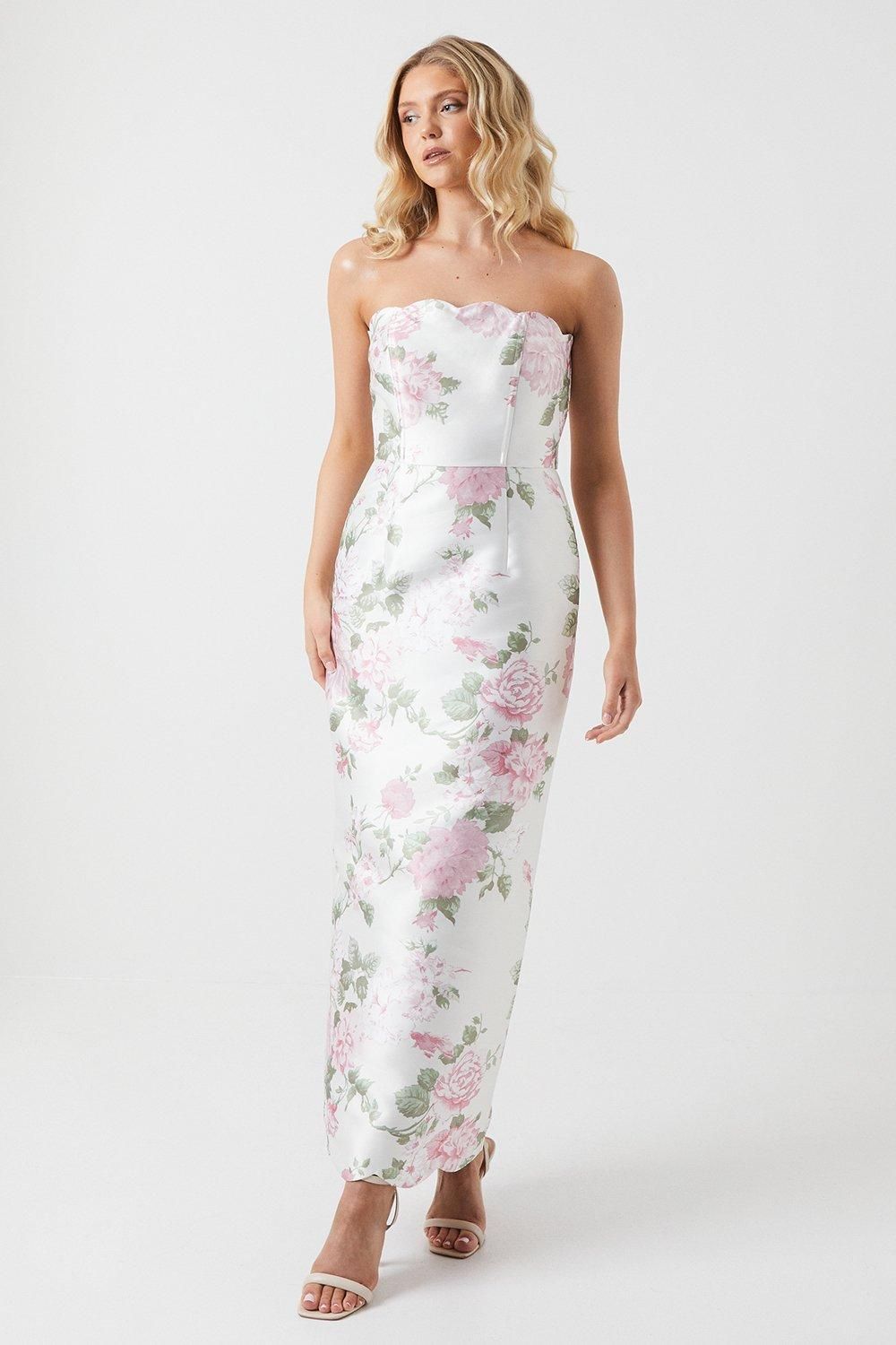 Coast Peony Printed Scallop Detail Twill Column Bridesmaid Dress Blush image 1