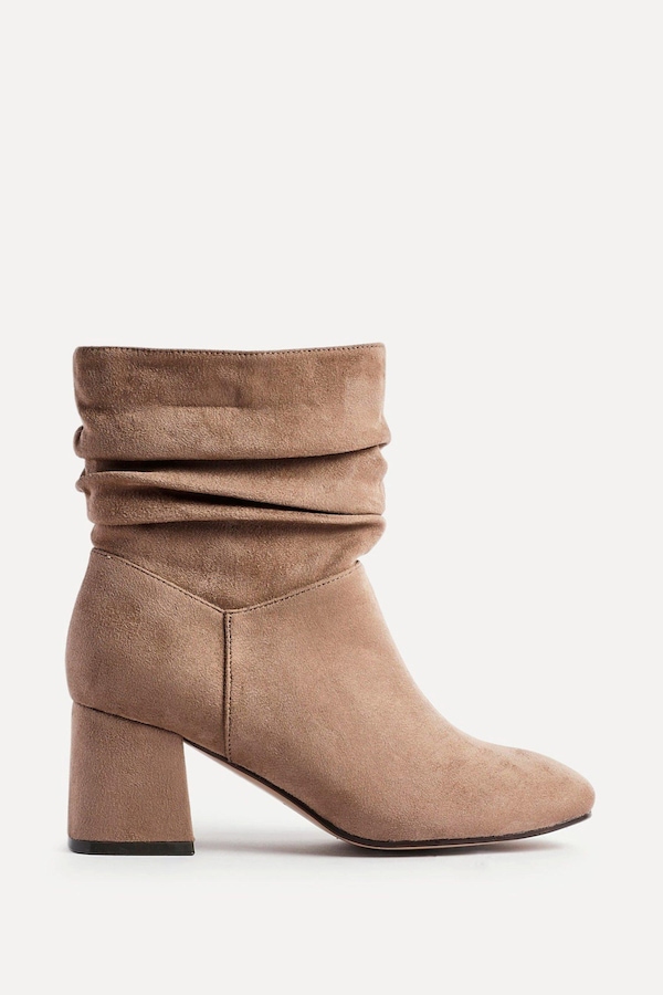 Linzi Zayda Wide Fit Mocha Faux Suede Ruched Heeled Ankle Boot