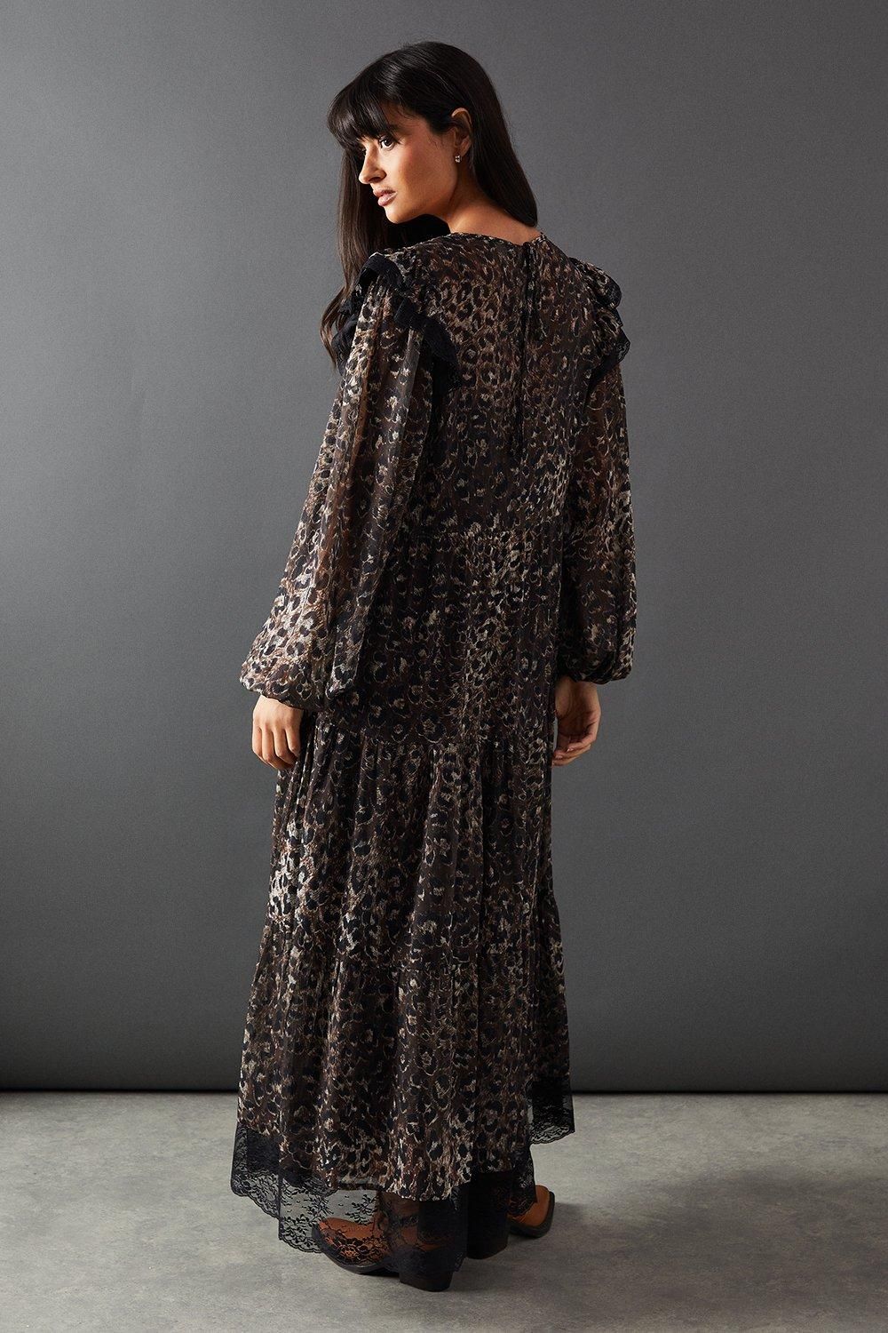 Warehouse Print Burnout Jacquard Lace Insert Tier Smock Midi Dress Animal image 3