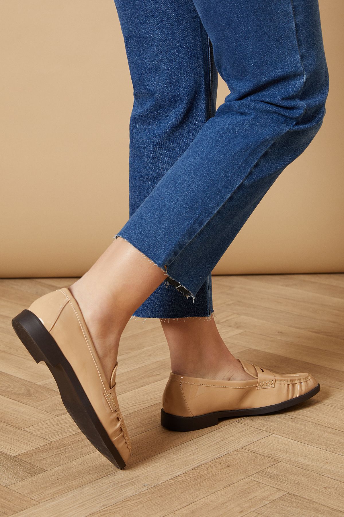 Oasis Baya Faux Patent Leather Penny Detail Loafers Beige image 3