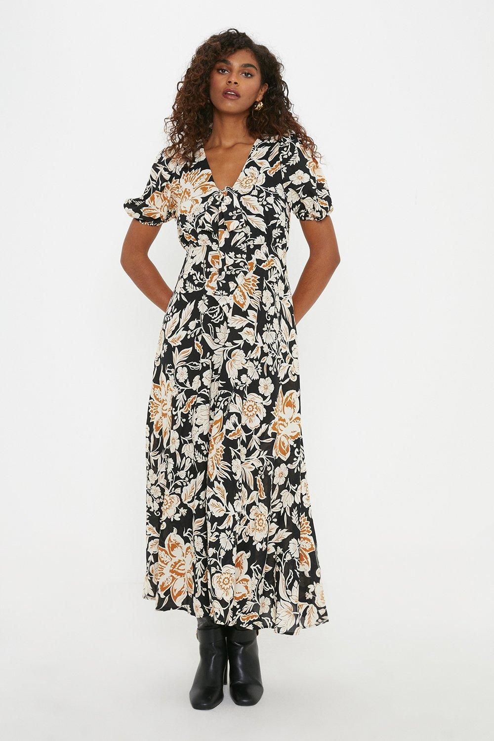 Dorothy Perkins Large Floral Tie Front Puff Sleeve Midi Dress Black
