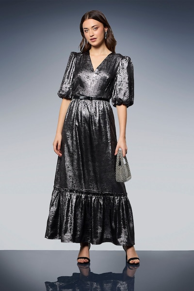 Dorothy Perkins DP Luxe Metallic Puff Sleeve Tiered Maxi Dress Silver