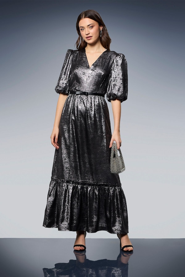 Dorothy Perkins DP Luxe Metallic Puff Sleeve Tiered Maxi Dress Silver
