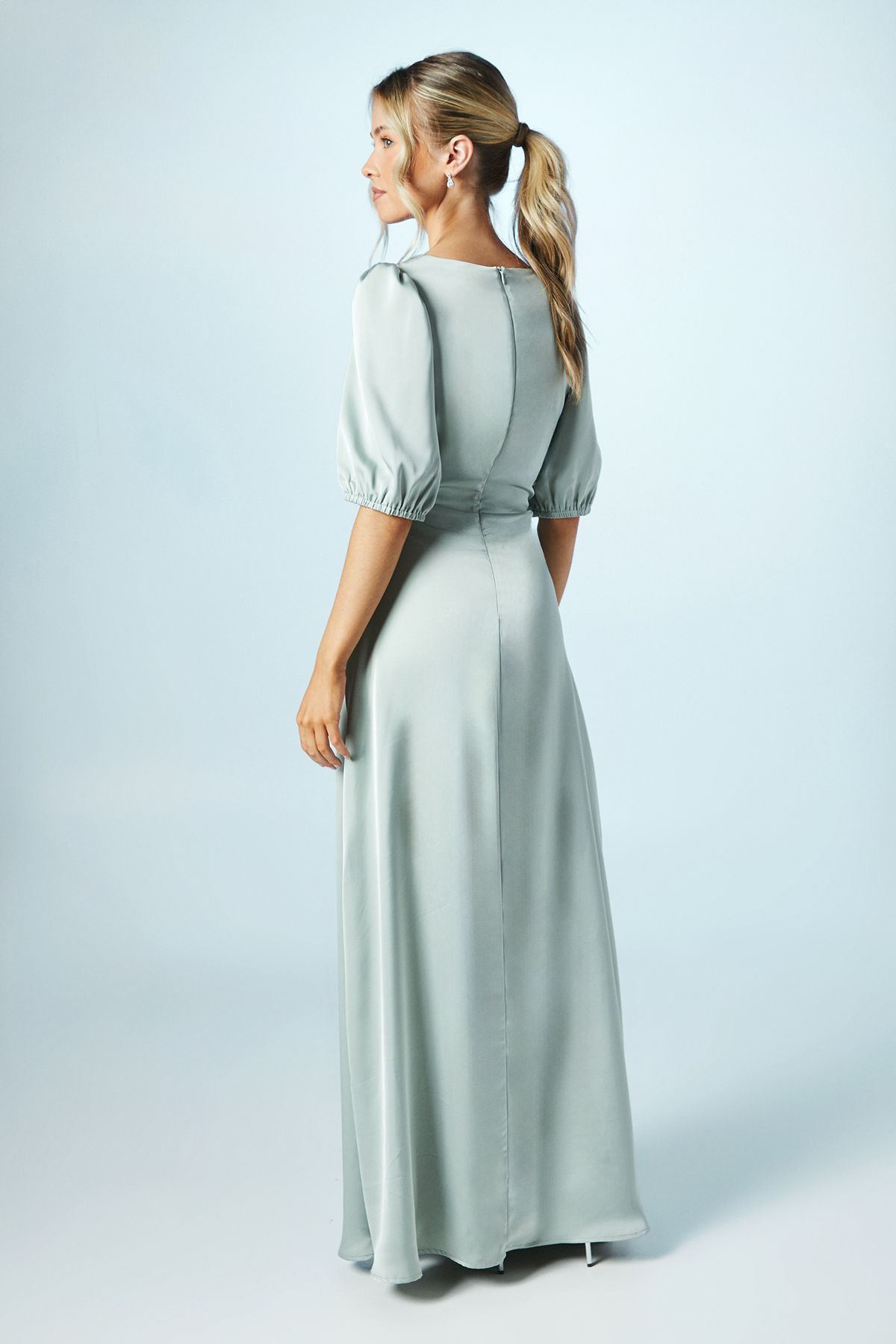 Coast Teen Puff Sleeve Satin Bridesmaid Dress Sage image 4