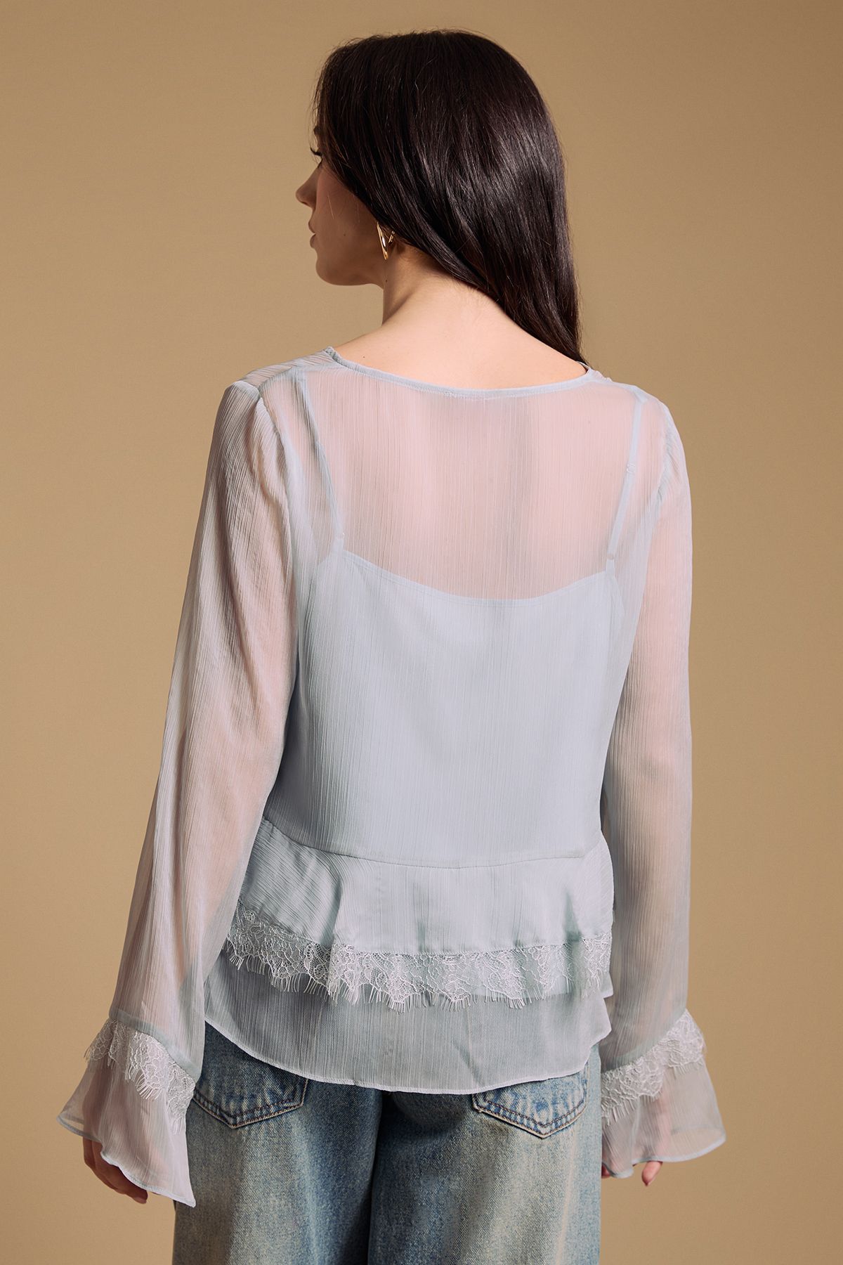 Oasis Fluted sleeve lace trim blouse Baby Blue image 3