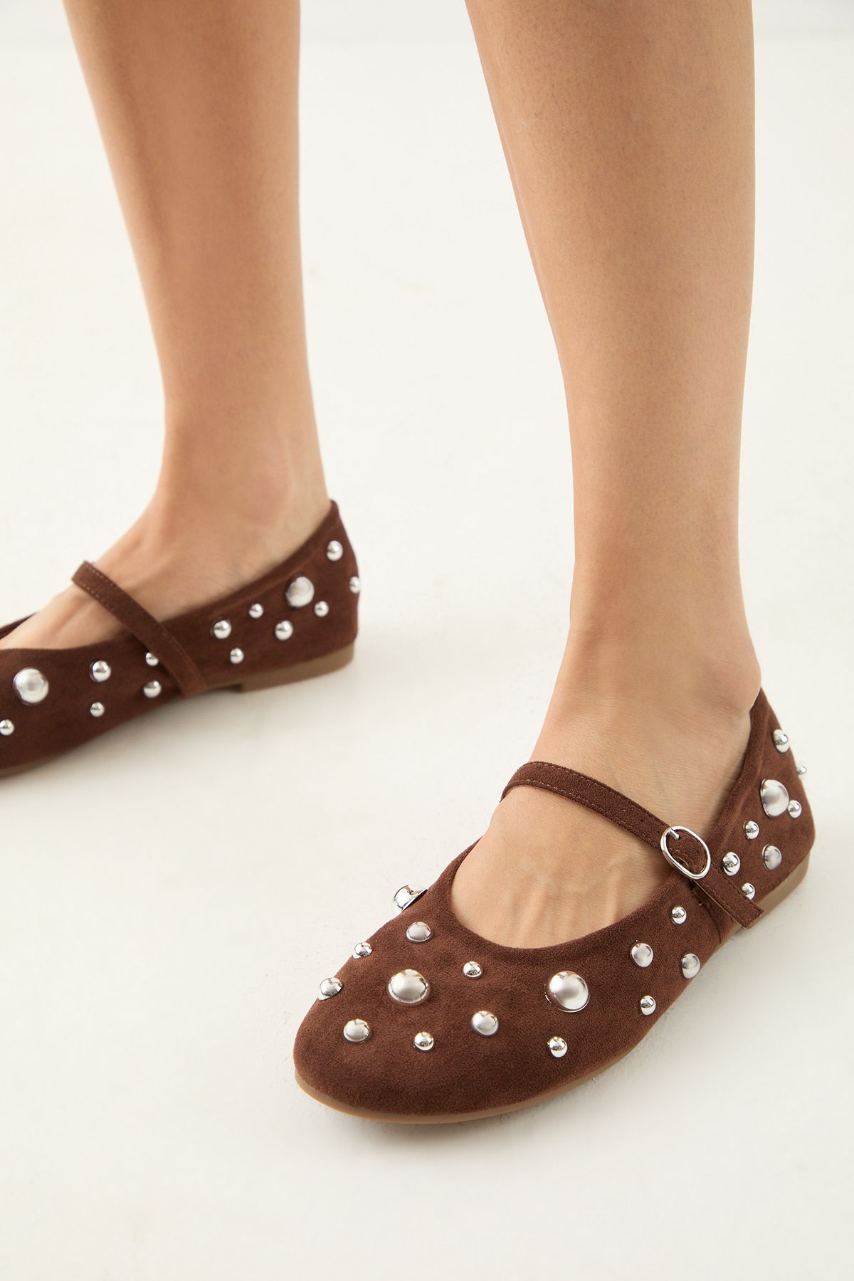 MissPap Faux Suede Studded Mary Jane Ballerinas Chocolate image 4