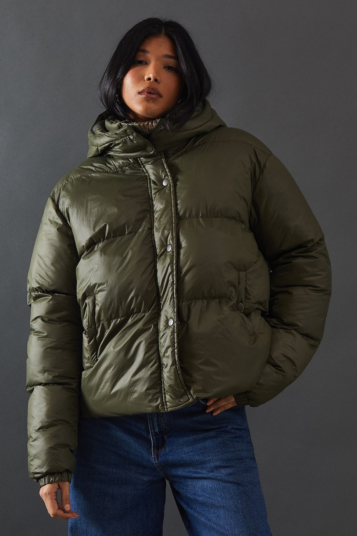 Warehouse Khaki Shiny Padded Puffer Coat PLT