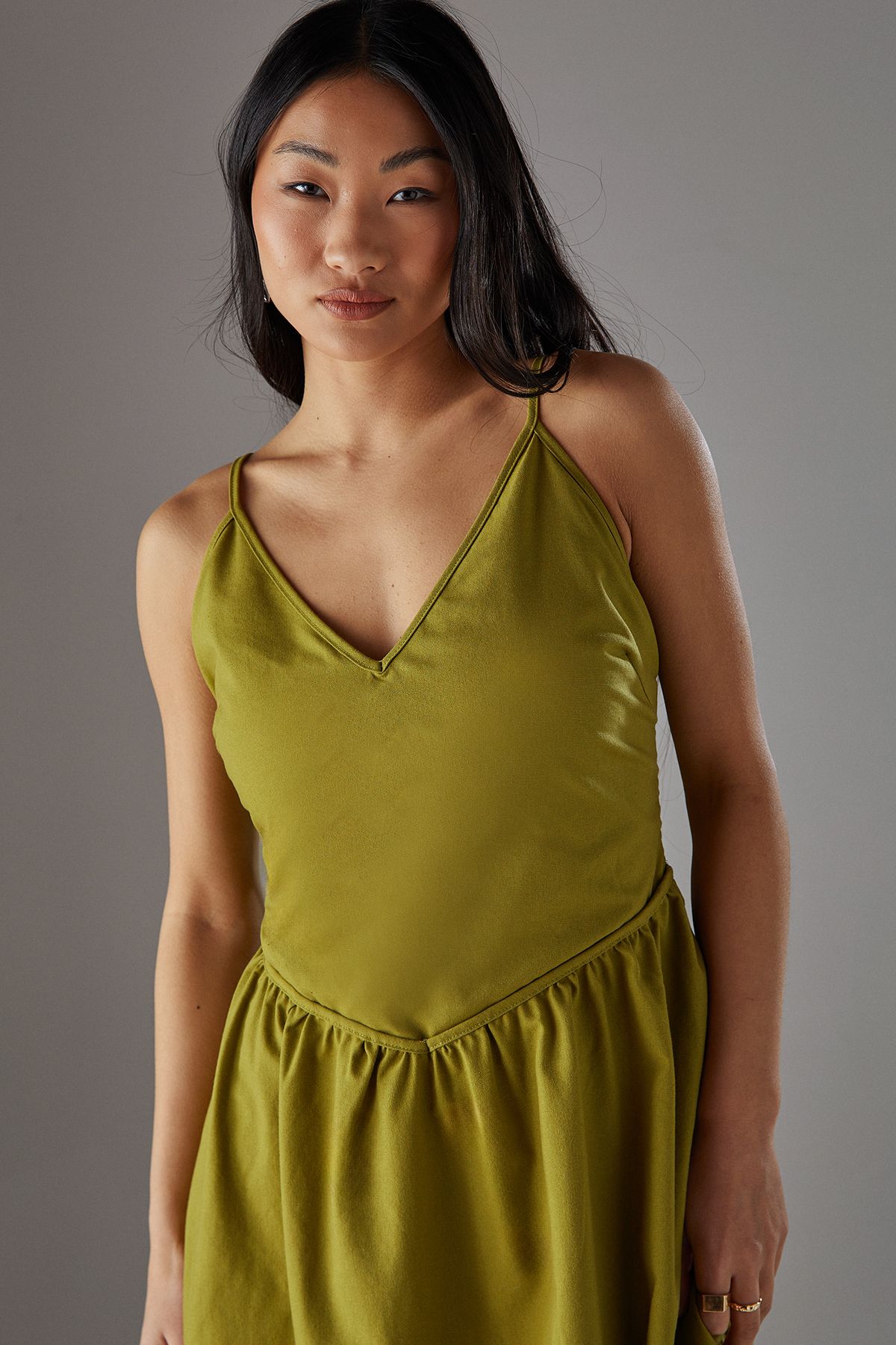 Warehouse Petite Linen Blend Plunge Neck Midi Sundress Olive image 3