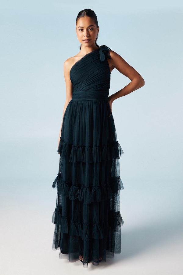 Oasis Pleated Mesh One Shoulder Tiered Maxi Bridesmaids Maxi Dress Navy