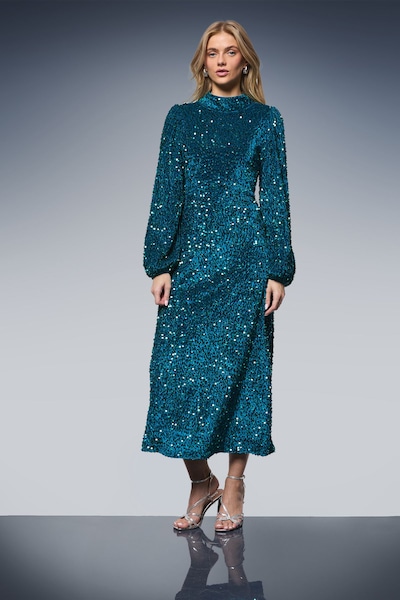 Oasis Occasion Velvet Sequin High Neck Midi Dress Teal