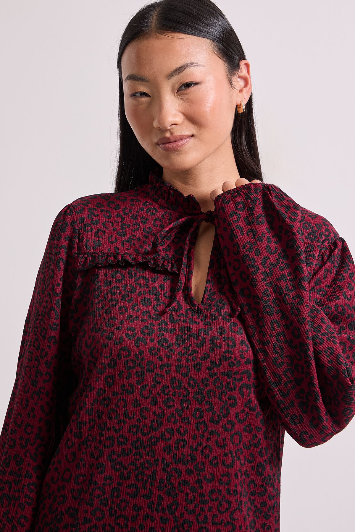 Dorothy Perkins Petite Brown Animal Tie Neck Tiered Smock Jersey Mini Dress Brown image 3